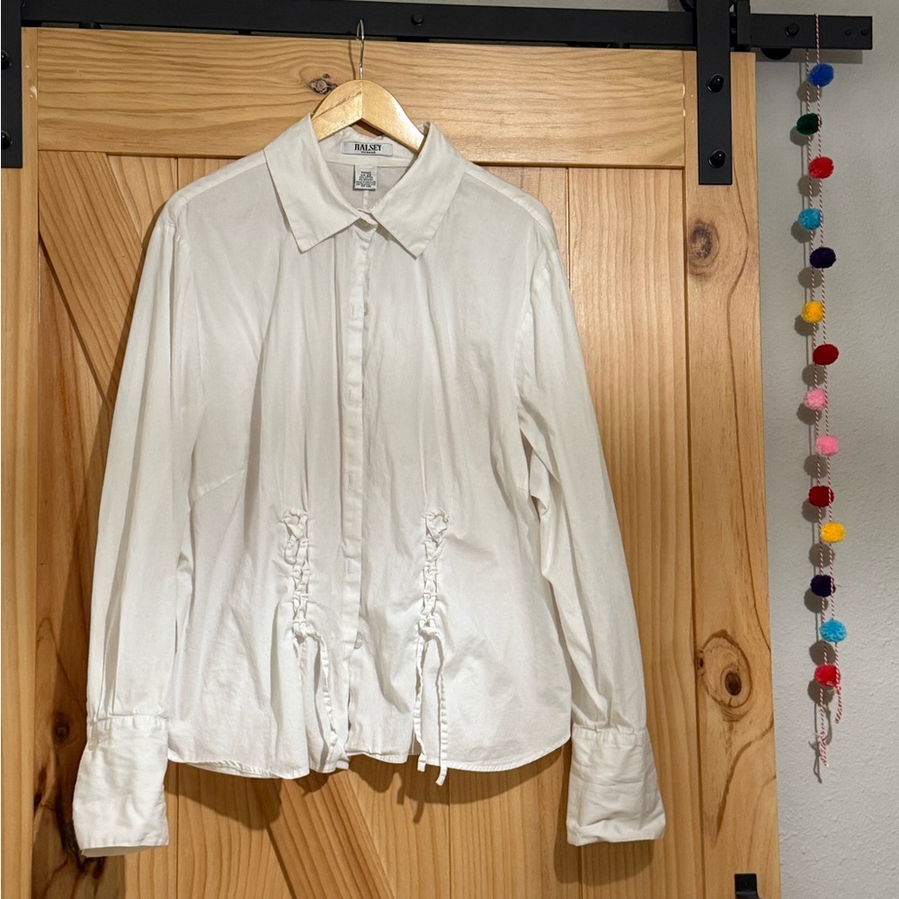 White Women's Button DownTop with Drawstring Detail